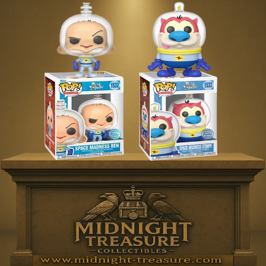Funko Pop! Ren & Stimpy – Space Madness – N°1532 & 1533. Figurines en tenue spatiale avec stickers Special Edition. Une paire déjantée parfaite pour les fans de dessins animés cultes des années 90.