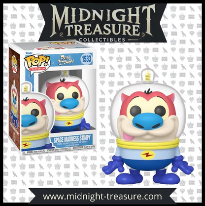 Funko Pop! Space Madness Stimpy (1533), vêtu d’une combinaison spatiale jaune et bleue, avec un casque transparent. Inspirée de l’épisode culte de la série animée Ren & Stimpy.