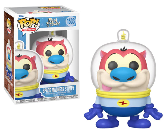 Funko Pop! Space Madness Stimpy (1533), vêtu d’une combinaison spatiale jaune et bleue, avec un casque transparent. Inspirée de l’épisode culte de la série animée Ren & Stimpy.