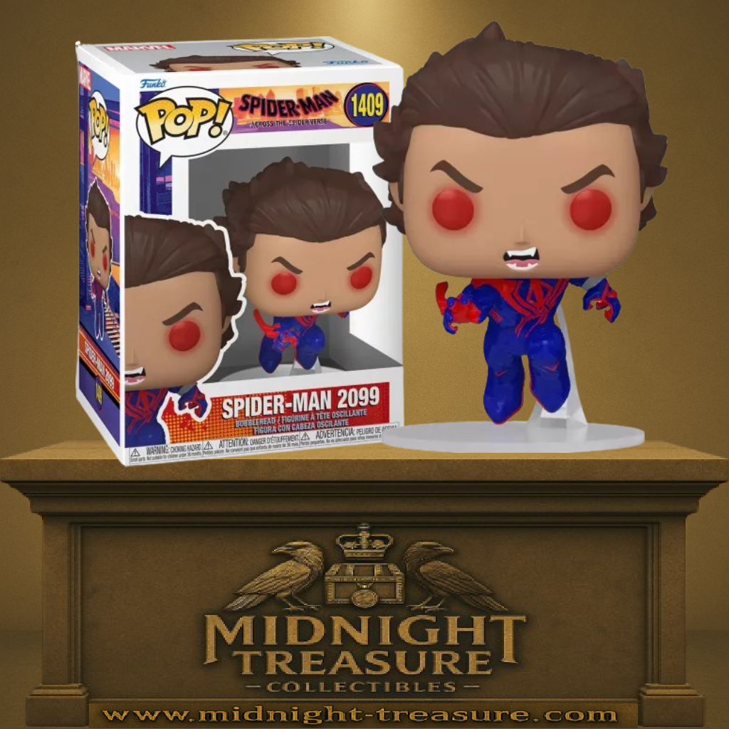 Funko Pop! Spider-Man: Across the Spider-Verse – Spider-Man 2099 (Unmasked) (N°1409). Figurine de Miguel O’Hara sans masque, en vol, costume bleu et rouge. Un incontournable pour les fans du multivers Marvel.