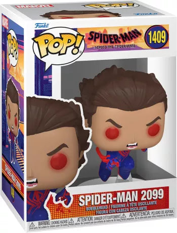 Funko Pop! Spider-Man: Across the Spider-Verse – Spider-Man 2099 (Unmasked) (N°1409). Figurine de Miguel O’Hara sans masque, en vol, costume bleu et rouge. Un incontournable pour les fans du multivers Marvel.