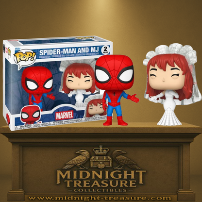 Funko Pop! Marvel – Spider-Man & Mary Jane – Wedding Pack. Spider-Man en costume classique et Mary Jane en robe de mariée, duo inspiré du mariage iconique des comics Marvel.