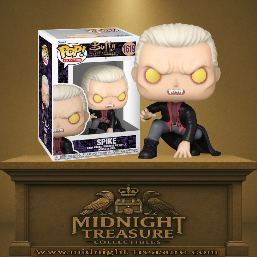 Funko Pop! Buffy contre les Vampires – Spike Vampire (N°1619). Figurine de Spike en version vampirique, cheveux blonds, manteau noir, crocs et yeux jaunes. Une pièce culte et incontournable pour les fans de Buffy.