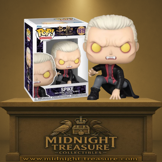 Funko Pop! Buffy contre les Vampires – Spike Vampire (N°1619). Figurine de Spike en version vampirique, cheveux blonds, manteau noir, crocs et yeux jaunes. Une pièce culte et incontournable pour les fans de Buffy.