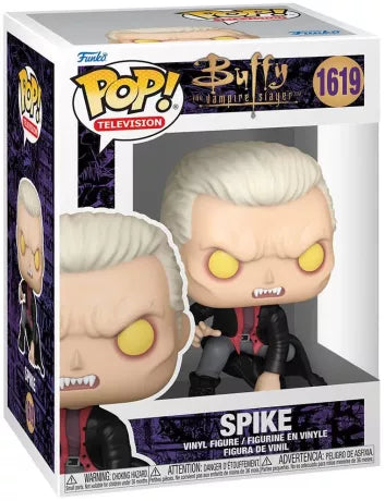 Funko Pop! Buffy contre les Vampires – Spike Vampire (N°1619). Figurine de Spike en version vampirique, cheveux blonds, manteau noir, crocs et yeux jaunes. Une pièce culte et incontournable pour les fans de Buffy.