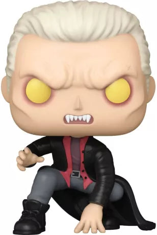 Funko Pop! Buffy contre les Vampires – Spike Vampire (N°1619). Figurine de Spike en version vampirique, cheveux blonds, manteau noir, crocs et yeux jaunes. Une pièce culte et incontournable pour les fans de Buffy.