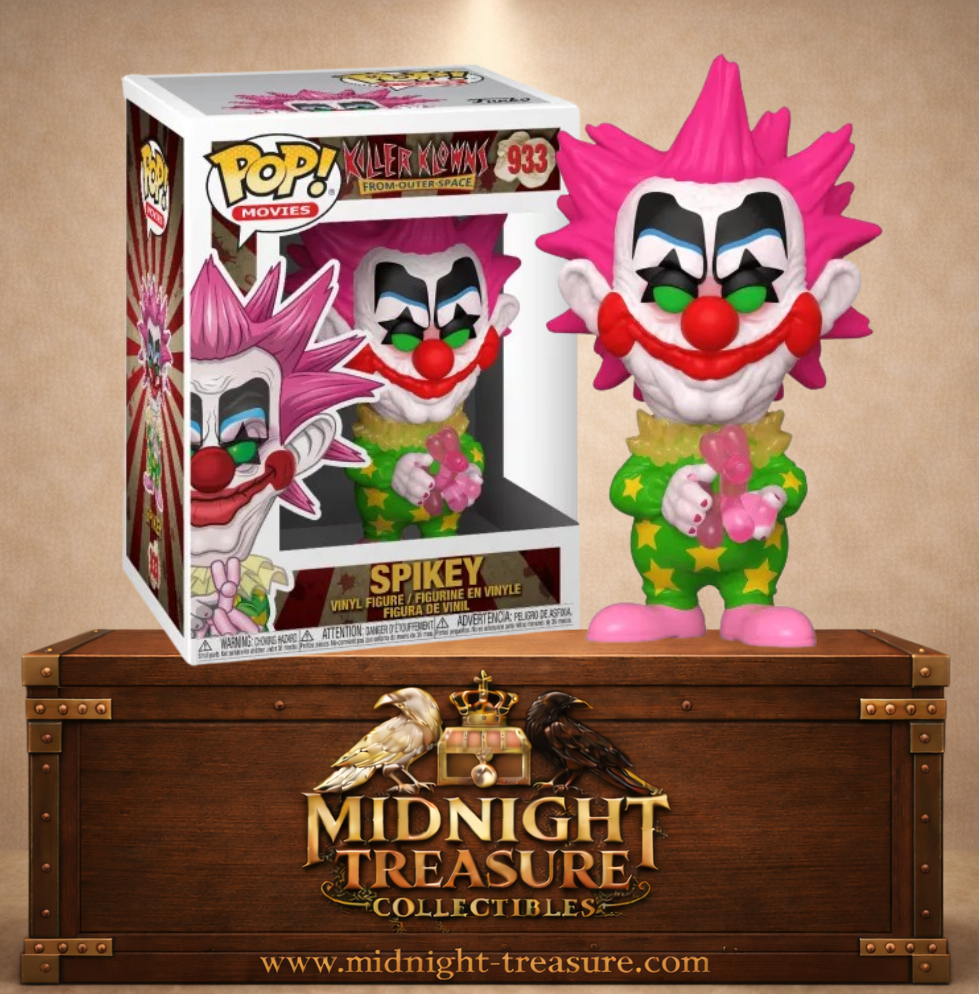 "Funko Pop! Movies 933 - Spikey (Killer Klowns from Outer Space). Figurine de Spikey, le clown sinistre aux cheveux roses, tenant un gant menaçant. Un ajout parfait pour les collectionneurs de films d'horreur vintage."