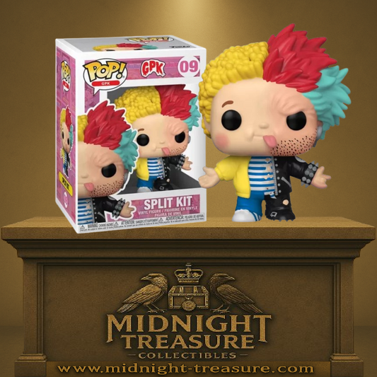 Funko Pop! Split Kit (09) – Garbage Pail Kids (GPK). Figurine représentant Split Kit avec son style mi-gentil garçon, mi-punk rebelle, inspiré des cartes cultes des années 80. Une pièce fun et originale pour les collectionneurs.