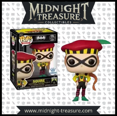 "Funko Pop! Batman – Squire (514). Squire avec son costume coloré, son béret rouge distinctif et son masque noir emblématique. Une figurine rare et dynamique pour les fans de l'univers Batman !"

