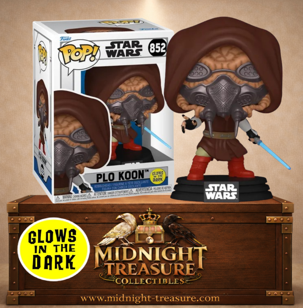 Funko Pop! Star Wars N°852 – Plo Koon de The Clone Wars avec capuche, masque respiratoire et sabre laser bleu Glow in the Dark.