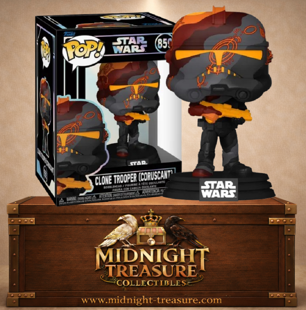Funko Pop! Star Wars N°859 Clone Trooper Coruscant avec armure noire et grise décorée de motifs orange, blaster et socle Star Wars.