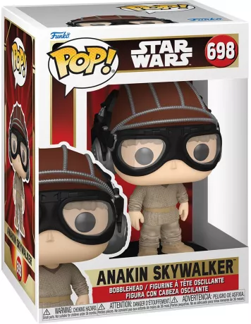 Funko Pop! Star Wars – N°698 – Anakin Skywalker (Jeune). Figurine représentant Anakin enfant dans sa tenue de course de podracer. Un incontournable pour les fans de Star Wars et de La Menace Fantôme.