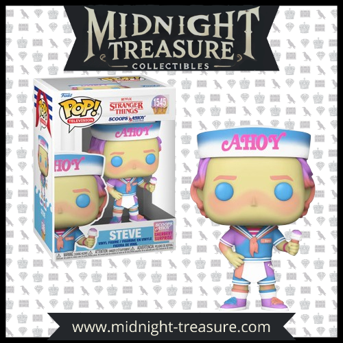 Funko Pop! Steve (1545) en uniforme Scoops Ahoy de Stranger Things, tenant un cornet de glace rose. Figurine avec chapeau "AHOY", expression fatiguée et cheveux stylisés.