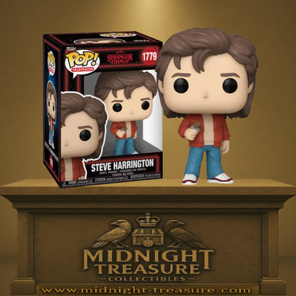 Funko Pop! Stranger Things – Steve Harrington (N°1779). Steve tenant une barre chocolatée, veste rouge et coupe 80’s. Figurine fidèle à la série Netflix.