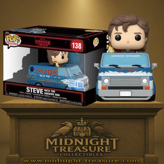 Funko Pop! Rides Stranger Things â Steve with the Squawk Van (N°138). Steve au volant du cĂ©lĂšbre WSQK Van avec klaxon poulet, version fidĂšle Ă la saison 5.
