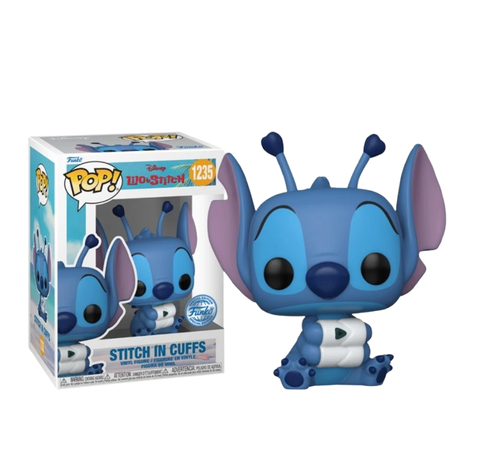 Funko Pop! Disney 1235 - Stitch in Cuffs (Limited Edition). Figurine exclusive représentant Stitch menotté avec une expression triste, inspirée du film Lilo & Stitch. Design fidèle et détaillé, parfait pour collectionneurs et fans de Disney