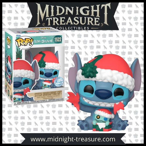 "Funko Pop! Lilo & Stitch – Stitch Unwrapping Gift (1522). Stitch en tenue de Noël avec un bonnet rouge, déballant un cadeau avec son sourire malicieux. Une figurine festive parfaite pour ajouter une touche de magie Disney à votre collection !"

