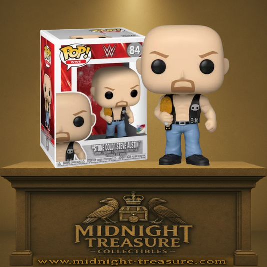 Funko Pop! WWE – Stone Cold Steve Austin (N°84). Figurine du catcheur légendaire avec gilet noir “3:16” et ceinture de champion.