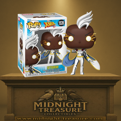 Funko Pop! X-Men ‘97 – Storm / Tornade (N°1539). Figurine de la mutante en tenue blanche et cape bleue, yeux lumineux et éclairs dorés, inspirée de la série animée Marvel Studios.