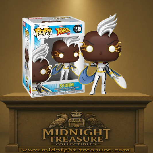 Funko Pop! X-Men â97 â Storm / Tornade (N°1539). Figurine de la mutante en tenue blanche et cape bleue, yeux lumineux et Ă©clairs dorĂ©s, inspirĂ©e de la sĂ©rie animĂ©e Marvel Studios.