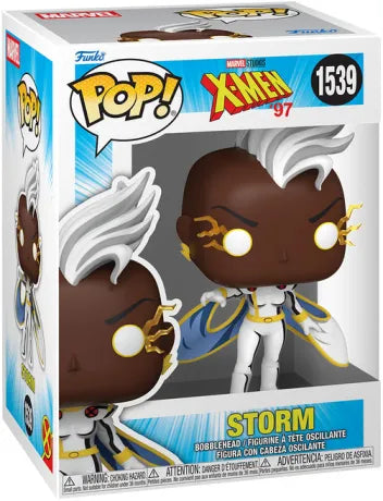 Funko Pop! X-Men ‘97 – Storm / Tornade (N°1539). Figurine de la mutante en tenue blanche et cape bleue, yeux lumineux et éclairs dorés, inspirée de la série animée Marvel Studios.