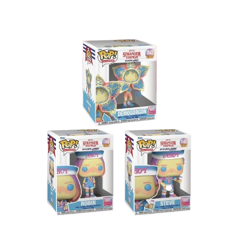 Funko Pop! Stranger Things – Pack Scoops Ahoy (Robin 1546, Steve 1545, Demogorgon 1547). Figurines des personnages en tenues rétro Scoops Ahoy avec un Demogorgon Sherbert Surprise. Un pack incontournable pour les fans de Stranger Things.