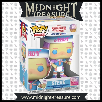 Funko Pop! Stranger Things – Pack Scoops Ahoy (Robin 1546, Steve 1545, Demogorgon 1547). Figurines des personnages en tenues rétro Scoops Ahoy avec un Demogorgon Sherbert Surprise. Un pack incontournable pour les fans de Stranger Things.