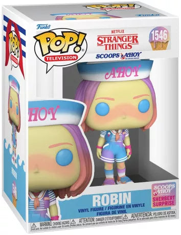 Funko Pop! Stranger Things – Pack Scoops Ahoy (Robin 1546, Steve 1545, Demogorgon 1547). Figurines des personnages en tenues rétro Scoops Ahoy avec un Demogorgon Sherbert Surprise. Un pack incontournable pour les fans de Stranger Things.