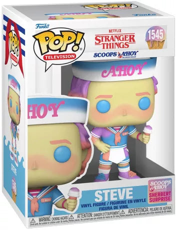 Funko Pop! Stranger Things – Pack Scoops Ahoy (Robin 1546, Steve 1545, Demogorgon 1547). Figurines des personnages en tenues rétro Scoops Ahoy avec un Demogorgon Sherbert Surprise. Un pack incontournable pour les fans de Stranger Things.