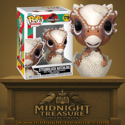 Funko Pop! Jurassic Park – Stygimoloch Hatchling (Éclosion du Stygimoloch) (N°1719). Figurine représentant un bébé Stygimoloch sortant de sa coquille avec détails réalistes. Une pièce adorable et culte pour les fans de Jurassic Park.