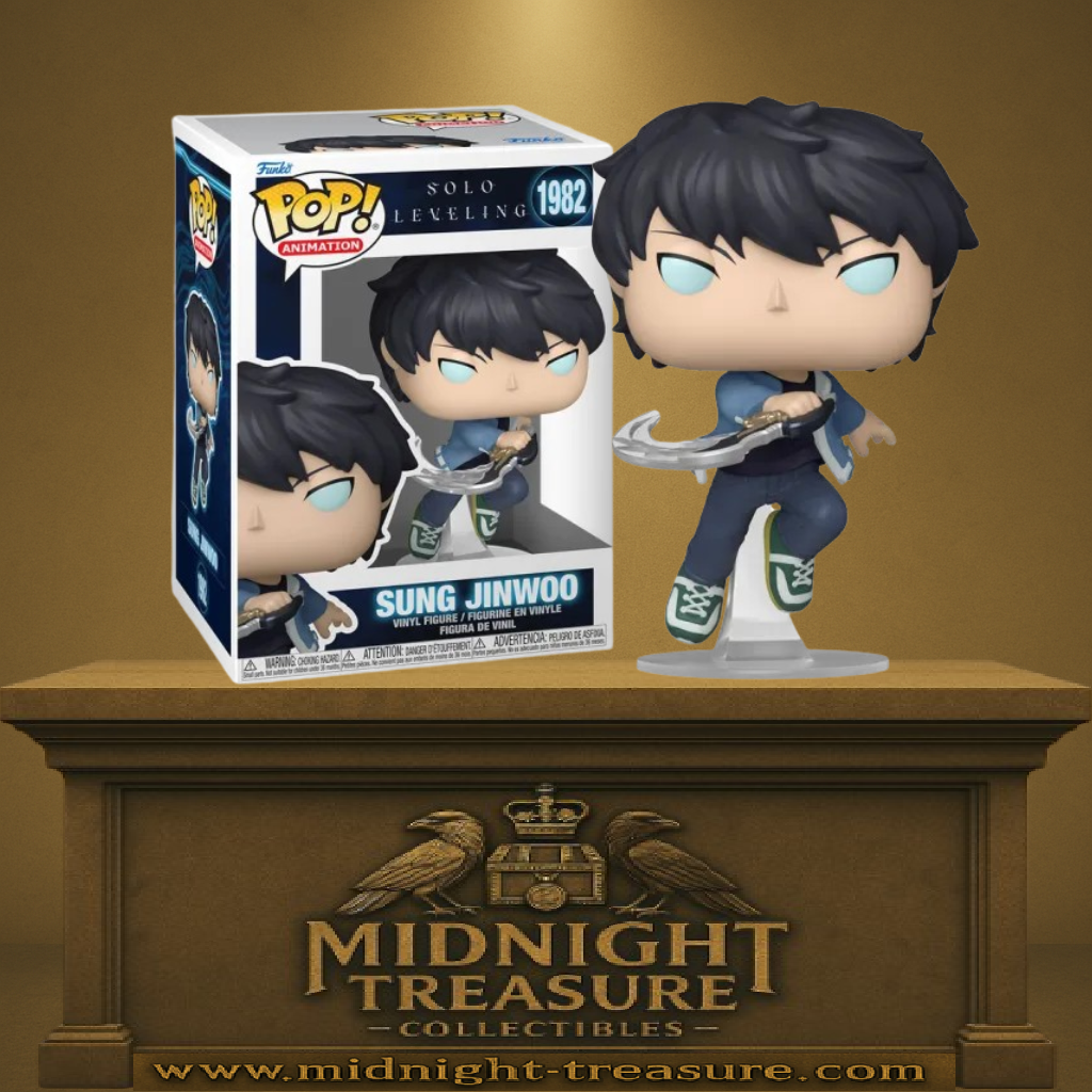 Funko Pop! Solo Leveling – Sung Jinwoo (N°1982). Sung Jinwoo en position d’attaque avec une lame incurvée argentée, cheveux noirs en bataille et yeux bleus lumineux. Une figurine dynamique et détaillée pour les fans de Solo Leveling.