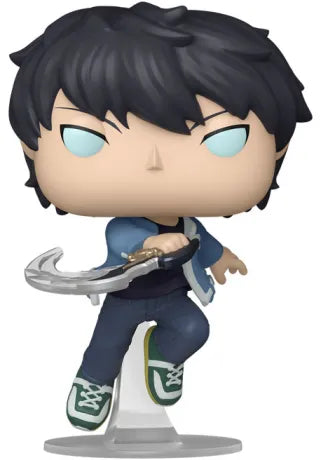 Funko Pop! Solo Leveling – Sung Jinwoo (N°1982). Sung Jinwoo en position d’attaque avec une lame incurvée argentée, cheveux noirs en bataille et yeux bleus lumineux. Une figurine dynamique et détaillée pour les fans de Solo Leveling.

