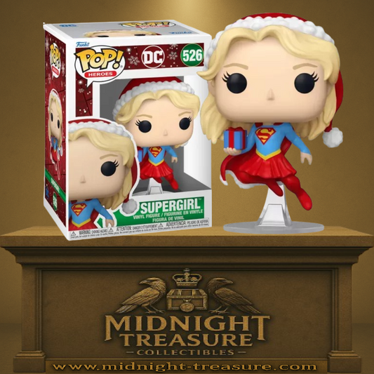 Funko Pop! DC Comics – Supergirl (Édition Noël) (N°526). Figurine festive de Supergirl en tenue de Noël, avec bonnet rouge et cape, édition spéciale Holiday.