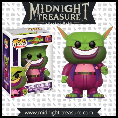 "Funko Pop! Swackhammer 416 - Space Jam (Occasion). Figurine d'occasion avec boîte endommagée sur le côté gauche et plastique abîmé. Swackhammer en costume violet, leader des Monstars dans Space Jam. Une pièce rare pour les collectionneurs de Looney Tunes et fans de Space Jam."