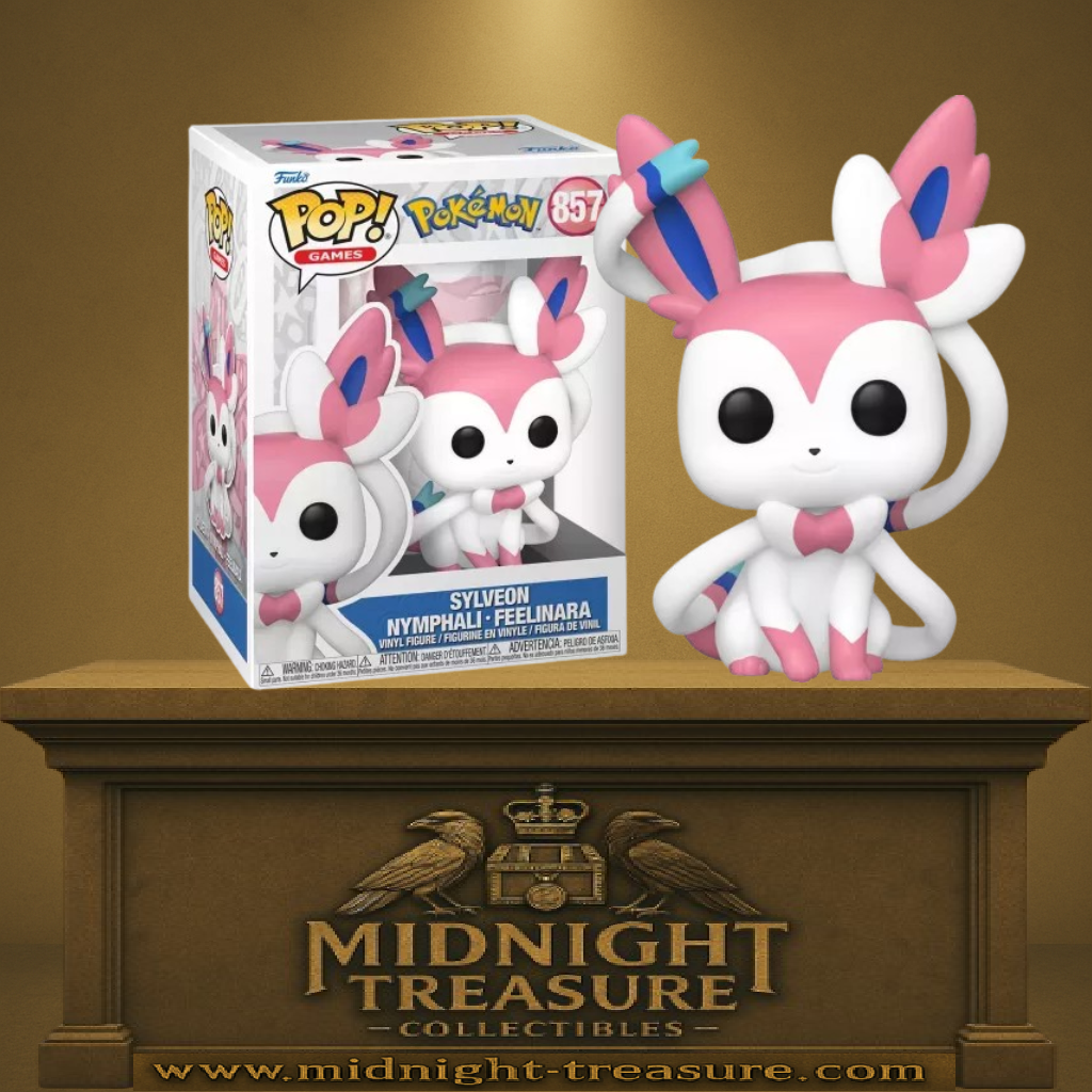 Funko Pop! Pokémon – Sylveon / Nymphali (N°857). Nymphali assis avec rubans roses et bleus, regard doux et design féerique. Figurine détaillée pour les fans Pokémon.