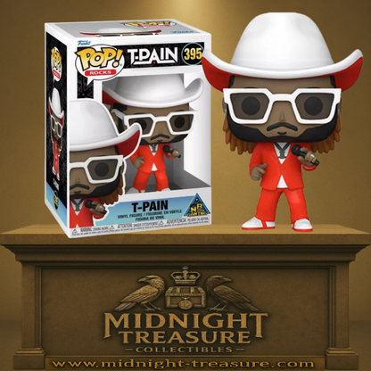 Funko Pop! Rocks – T-Pain (N°395). Figurine du chanteur avec costume rouge, chapeau blanc et micro. Une pièce stylée et incontournable pour les fans de musique et de hip-hop.