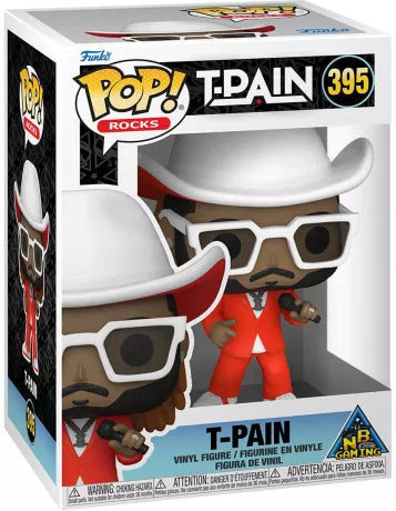 Funko Pop! Rocks – T-Pain (N°395). Figurine du chanteur avec costume rouge, chapeau blanc et micro. Une pièce stylée et incontournable pour les fans de musique et de hip-hop.