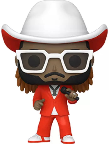 Funko Pop! Rocks – T-Pain (N°395). Figurine du chanteur avec costume rouge, chapeau blanc et micro. Une pièce stylée et incontournable pour les fans de musique et de hip-hop.