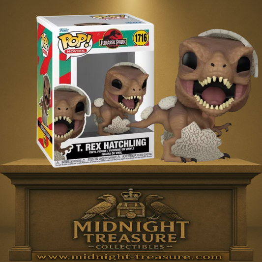 Funko Pop! Jurassic Park – T. Rex Hatchling (Éclosion) (N°1716). Figurine représentant le bébé T. Rex sortant de son œuf, une scène culte du film. Une pièce adorable et incontournable pour les fans de Jurassic Park.
