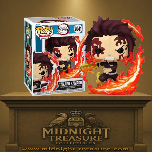 Funko Pop! Demon Slayer â Tanjiro Kamado (N°2041). Figurine de Tanjiro entourĂ© de flammes, sabre en main, en pleine attaque du Hinokami Kagura.