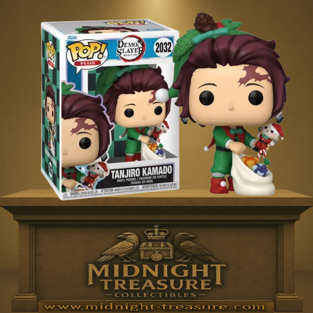 Funko Pop! Demon Slayer – Tanjiro Kamado Christmas Edition (N°2032). Tanjiro en tenue de lutin vert et rouge tenant un sac de jouets. Une version festive parfaite pour les fans de Demon Slayer.