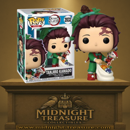 Funko Pop! Demon Slayer – Tanjiro Kamado Christmas Edition (N°2032). Tanjiro en tenue de lutin vert et rouge tenant un sac de jouets. Une version festive parfaite pour les fans de Demon Slayer.