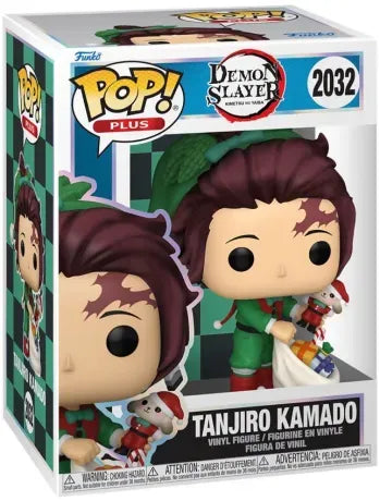 Funko Pop! Demon Slayer – Tanjiro Kamado Christmas Edition (N°2032). Tanjiro en tenue de lutin vert et rouge tenant un sac de jouets. Une version festive parfaite pour les fans de Demon Slayer.