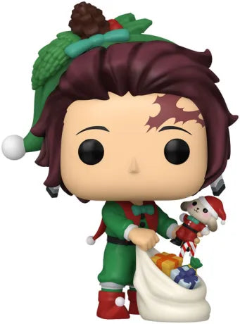 Funko Pop! Demon Slayer – Tanjiro Kamado Christmas Edition (N°2032). Tanjiro en tenue de lutin vert et rouge tenant un sac de jouets. Une version festive parfaite pour les fans de Demon Slayer.
