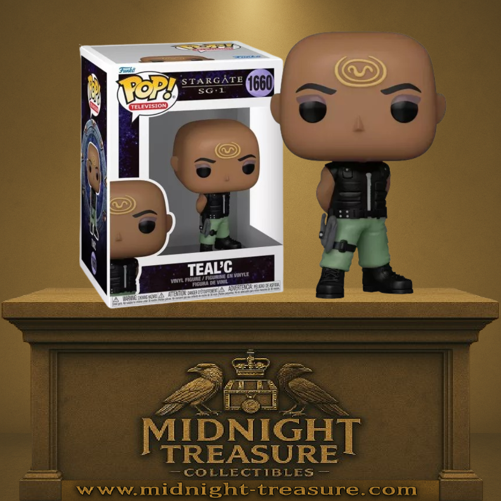 Funko Pop! Stargate SG-1 – Teal’c (n°1660). Teal’c bras croisés, tatouage Jaffa doré visible, dans sa tenue de combat. Une figurine charismatique et fidèle pour les fans de Stargate.