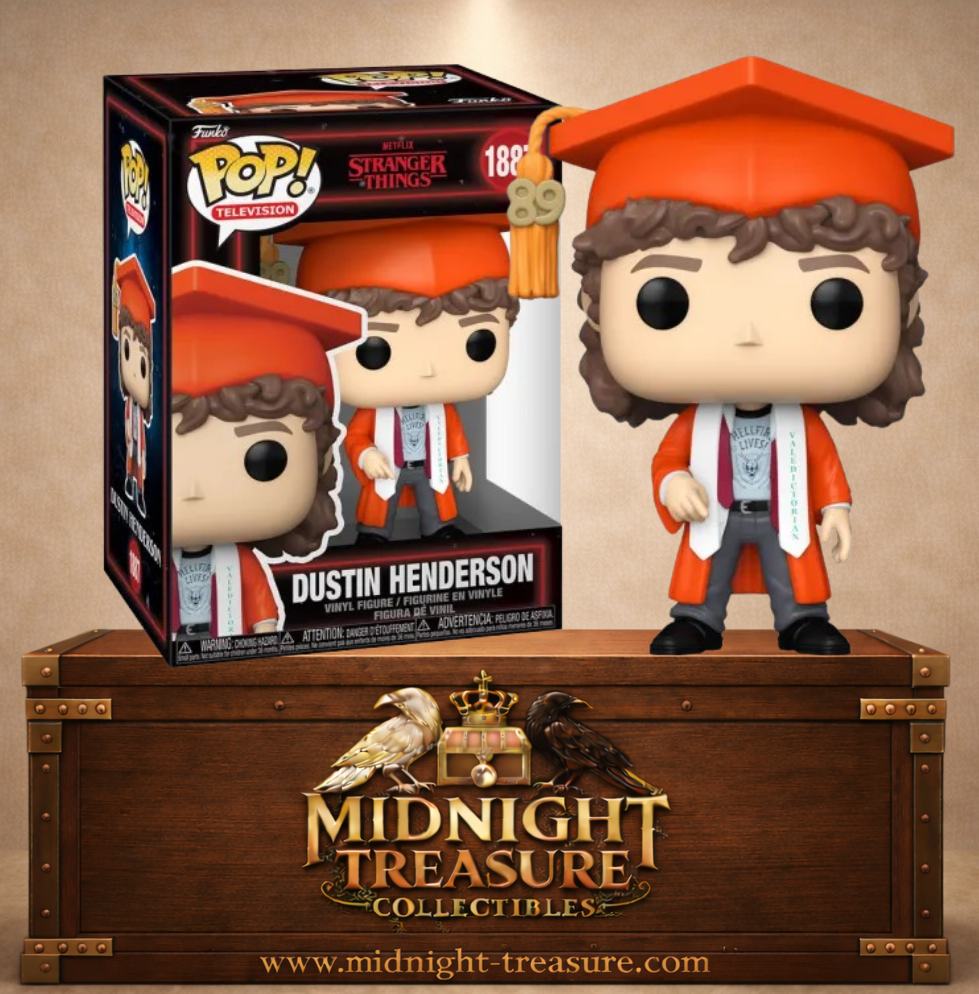 Funko Pop! Television N°1887 – Dustin Henderson lors de sa remise des diplômes dans Stranger Things, avec sa tenue rouge et son t-shirt Hellfire Lives.