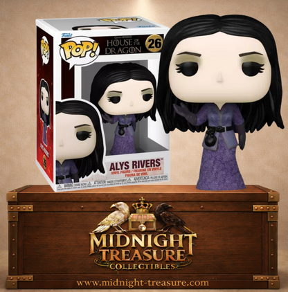 Funko Pop! Television N°26 – Alys Rivers de House of the Dragon avec sa robe violette, ses remèdes et une chouette sur le bras.