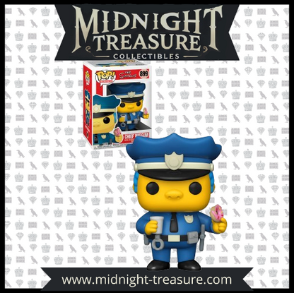 "Funko Pop! Television – Chief Wiggum (899) – The Simpsons. Figurine représentant le chef Wiggum en uniforme de policier, tenant un donut rose et une tasse de café. Un must-have pour les fans des Simpson et les collectionneurs de Funko Pop! Television !"

