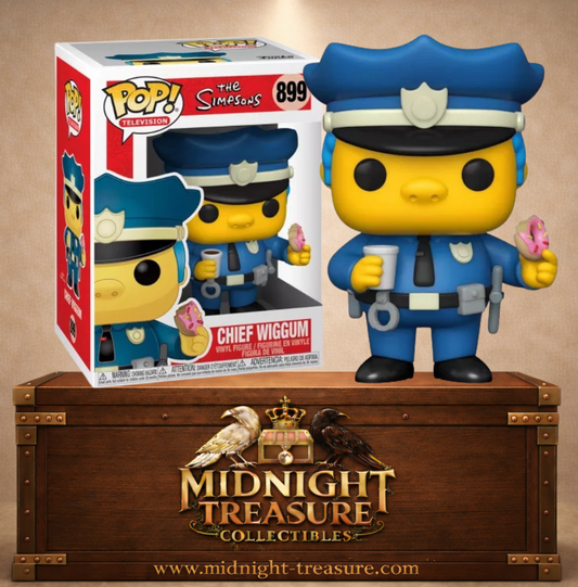 "Funko Pop! Television – Chief Wiggum (899) – The Simpsons. Figurine représentant le chef Wiggum en uniforme de policier, tenant un donut rose et une tasse de café. Un must-have pour les fans des Simpson et les collectionneurs de Funko Pop! Television !"
