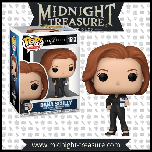 Funko Pop! X-Files Dana Scully #1613. Figurine représentant l'agent spécial Dana Scully en costume noir, tenant un badge du FBI, inspirée de la série culte X-Files."